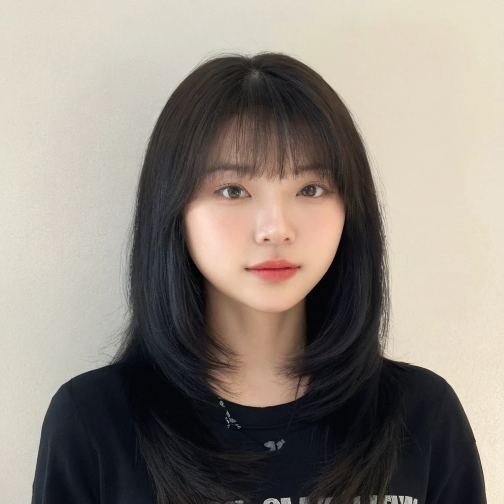 Best Quality, 8k, Masterpiece, (Portrait: 1.3), (photo realistic:1.4), (hyper realistic:1.4), Sharp Focus, looking at viewer, (smoother lighting:1.1), (increase cinematic lighting quality:0.9), realistic lighting, backlighting, light on face, ray trace, (brightening light:1.2), (Increase quality:1.4), sharp detail, (best quality real texture skin:1.4), finely detailed eyes, black_eyes, finely detailed face, 25 year old Korean woman, (white formal_shirt:1.4), (Create an image maintaining the original base model hairstyle:1.5)