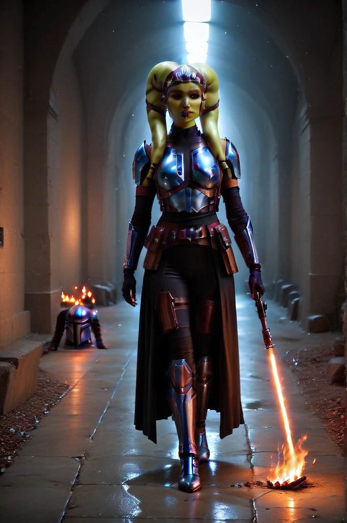 a ((fall body)) ((female twi'lek ))mandalorian,walking on fire, beautiful detailed eyes, beautiful detailed lips, extremely detailed face, long eyelashes, mandalorian armor, sci-fi, cinematic lighting, dramatic, epic, intricate details, hyper-realistic, 8k, high-quality, photorealistic
