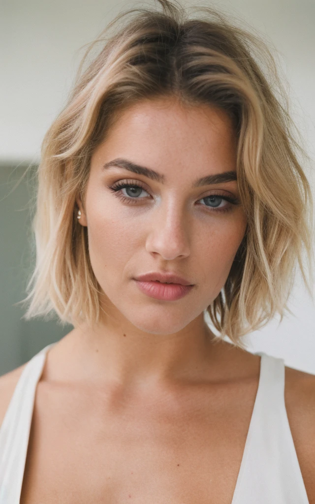 a beautiful 23-year-old woman, girl next door, makeup, lips, blonde, messy hair, short hair, film grain, cleavage, retro, Porta 160 color, shot on ARRI ALEXA 65, sharp focus on subject, Fujifilm XT-3
