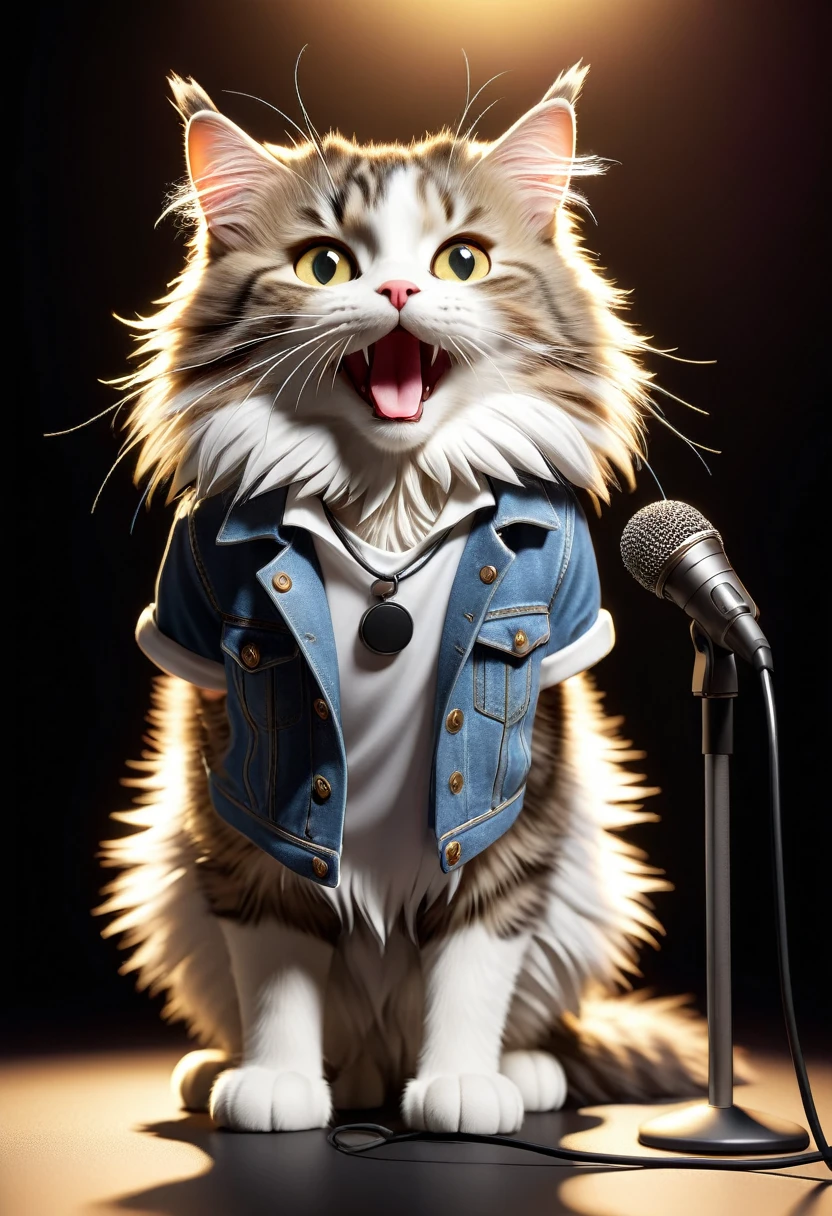 Realistic portrait of an animal in clothes - beautiful anthropomorphic Norwegian Forest Cat, Upper body close-up、seriouonotone、Super Realistic、White T-shirt and jeans、sneakers、In the spotlight, playing rock guitar in front of a stand microphone、With the microphone、Singing with eyes closed、Strong light backlighting、Dramatic、Highly detailed decorations,, (Moving), There is a backing band、Dramatic(Full body image:1.5)