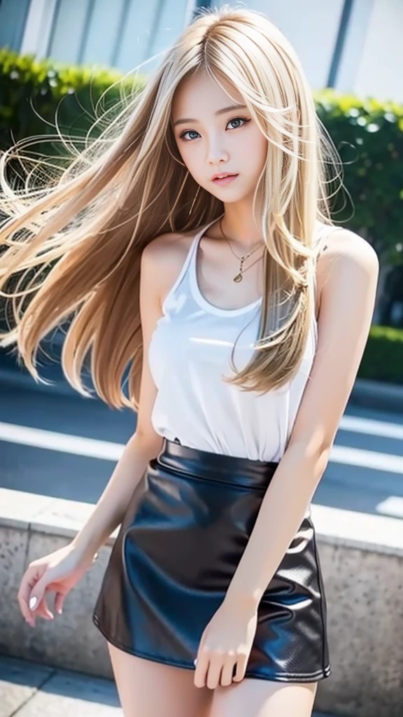 Sexy Big 、Sexy cute looks and cute 15 year old beautiful girl, beautiful and sexy face、A strong wind blows my hair in front of my face、length, Metallic Blonde Hair、Straight Long Hair、beautiful, Cute and sexy eyes、Tight Skirt