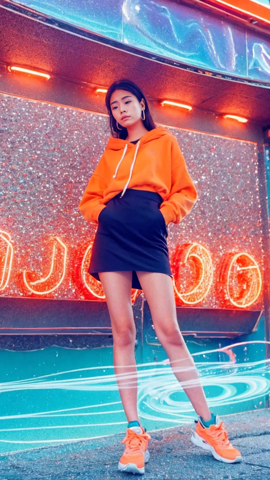 (medium long shot portrait) of cute 23 yo girl ,wear ((orange color oversized_hoodie)), wear ((purple tennis skirt)),looking front,Best Quality,Masterpiece,Ultra High Resolution,(Realisticity:1.4),Original Photo, 1Girl, light ????,ultra high resolution,UHD,beautiful, (black straight hair), almond eye, no makeup, in front of ((80's los angles colorful gas station)), (realistic:1.2), (surreal:1.3), (very detailed:1.1), ((masterpiece)),summer, blue sky, palm trees,sunny, los angles vibes,film camera, 800mm lens,style of Philip Lorca diCorcia