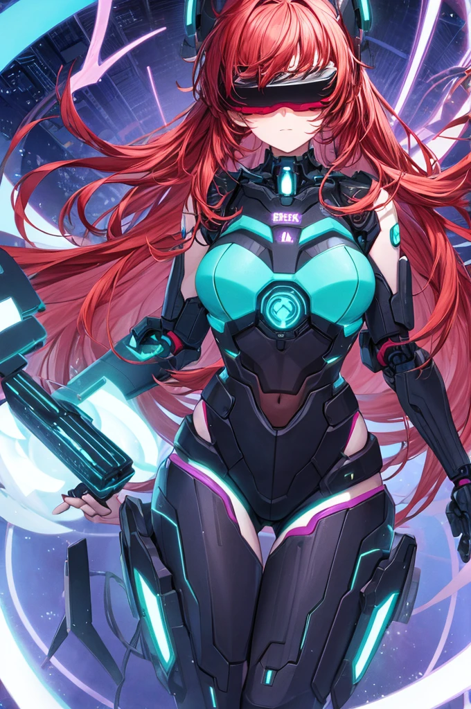 best quality, head-mounted display,
(1 girl, solo), exposed waist, exposed thighs, surrounded by azure neon, floating red hair, NodesTech mascara, NodesTech headdress, long hair, ethereal red hair, red hair, crop top cyborg armor,
BREAK sci-fi background, detailed background, azure neon background, data space