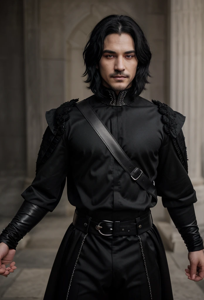 A realistic 20 year prince of darkness. He has grey eyes. Black Hair He is beautful but strong. Wearing all black prince outfit. Has a mischievous smirk.