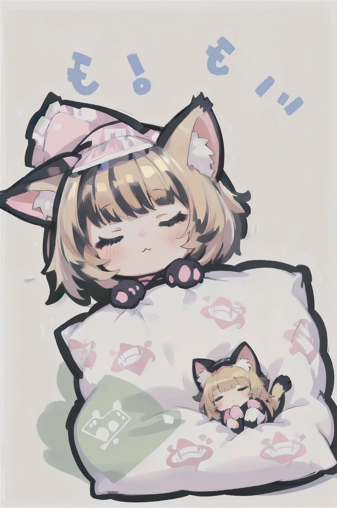 A cartoon of a cat sleeping on a pillow and another cat sleeping on it, there is nothingmimi, Cat girl, Beasts, There is a cat next to her, Cat girl, cute anime Cat girl, Ah ah, there is nothing, anime Cat girl, anime、Pink nightcap、Sleeping on a futon、Blonde Hair、Short Hair