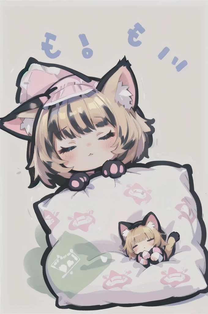 A cartoon of a cat sleeping on a pillow and another cat sleeping on it, there is nothingmimi, Cat girl, Beasts, There is a cat next to her, Cat girl, cute anime Cat girl, Ah ah, there is nothing, anime Cat girl, anime、Pink nightcap、Sleeping on a futon、Blonde Hair、Short Hair