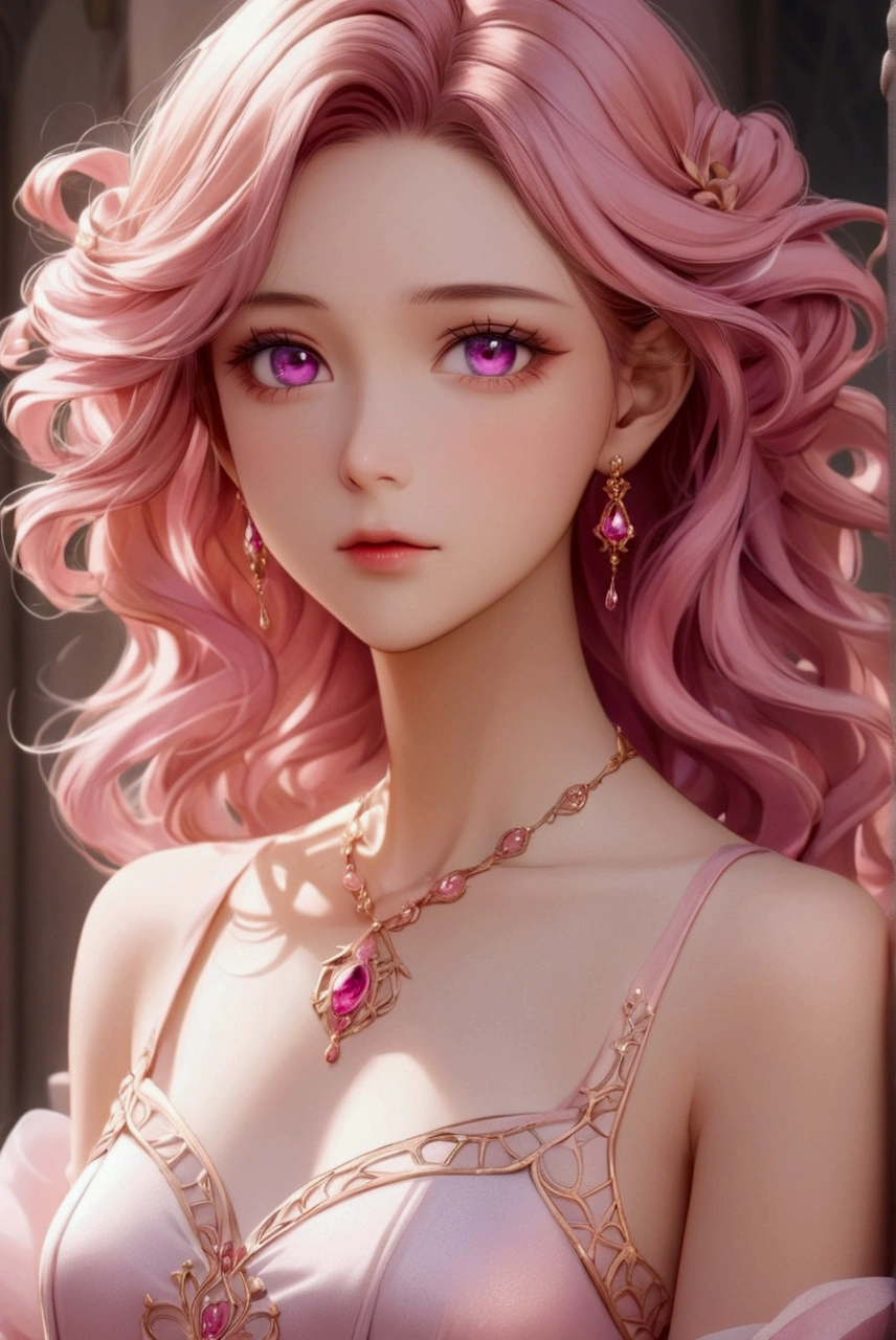 Create an anime-style girl with deep magenta eyes and long, wavy pink hair styled in an elegant updo. She is slender with small breasts. She wears a regal, ethereal dress with elegant and fantasy elements, featuring a gold, pastel pink, and rose gold color scheme. The dress has intricate spider web patterns and motifs.