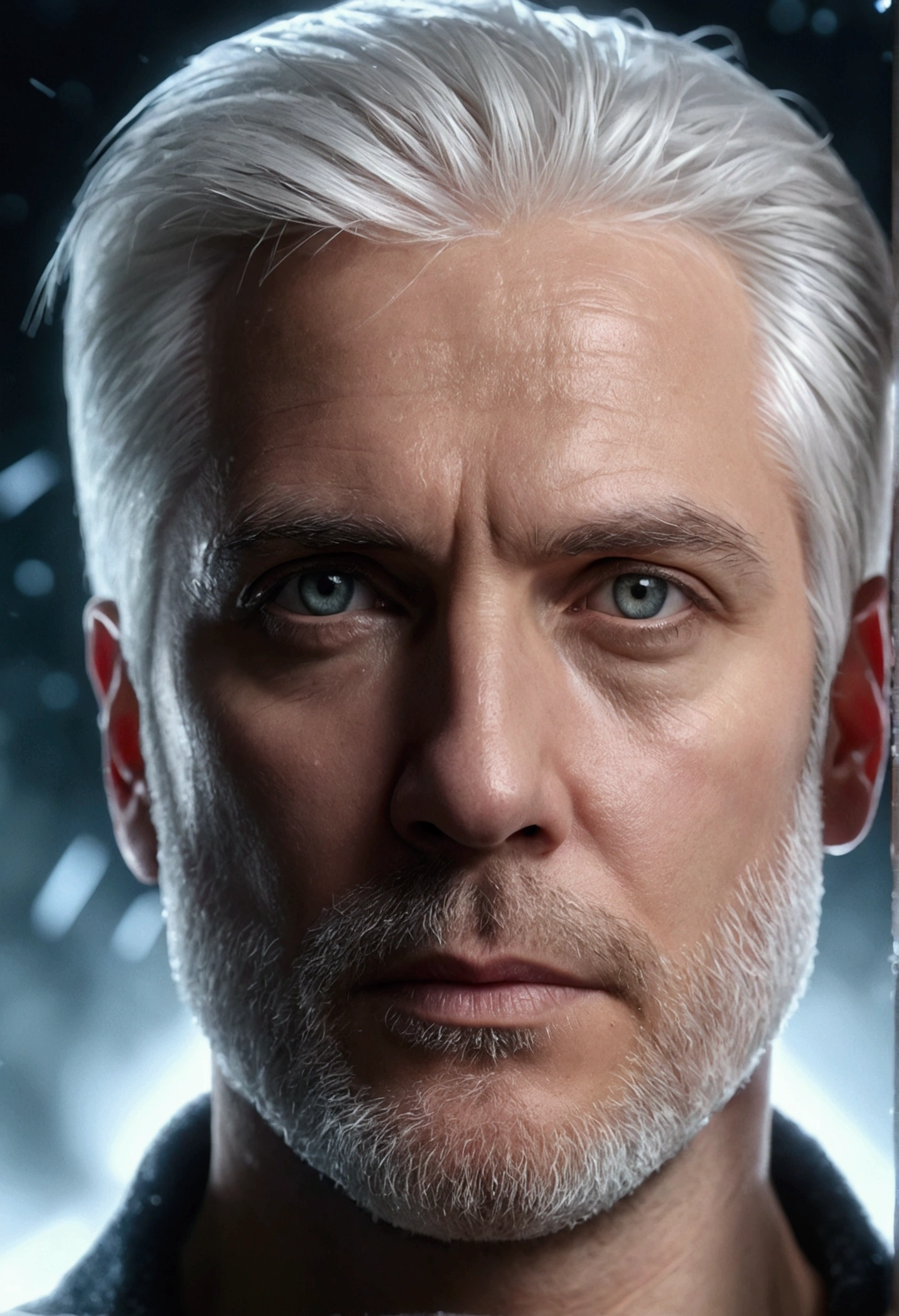 40 year old man with straight white hair, looking serious, very detailed face, short beard, eyes with white light, ice effects, 4k, ultra realistic, eyes with power