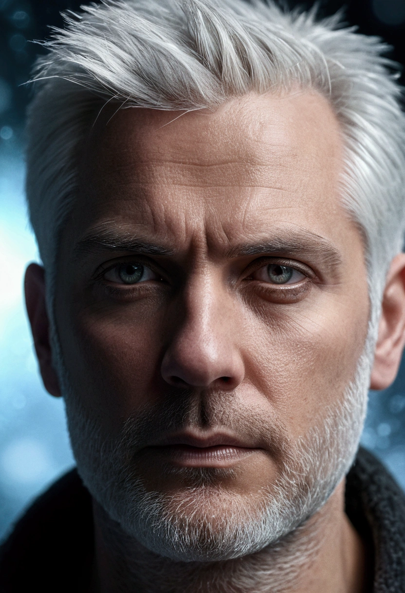 40 year old man with straight white hair, looking serious, very detailed face, short beard, eyes with white light, ice effects, 4k, ultra realistic, eyes with power