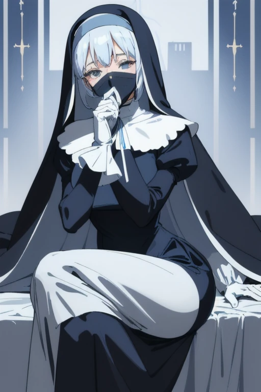 Mature women, nun, blue nun outfit, puffy sleeves, blue cape ,blue long skirt, white gloves, long deep black veil, vail cover her face,(look at viewer) ,no face detail, vail covered face, (perfect skin),(no emotion ), anime, sitting, sexy pose