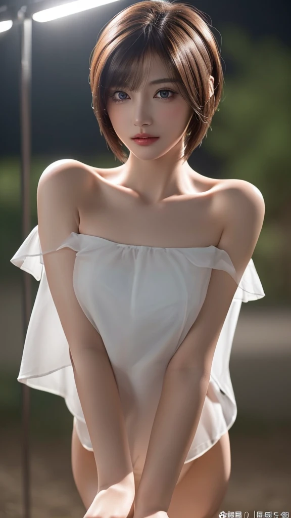 masterpiece, beautiful girl, Brown eyes、A beautiful, goddess-like smile、((Lighting the face:1.5)、((No underwear:1.9))、Exposed armpits:1.4、detailed, Beautiful Eyes, (Wear a revealing, thin, transparent, strapless camisole:1.7)、(Brown short bob cut:1.5)、highest quality, 超A high resolution, (reality: 1.4), Original photo, One Girl, Cinema Lighting, (Laughter:0.6), Japanese, Asian Beauty, Korean, Proper, Truly beautiful, A slightly younger face, Beautiful skins,Orange Hair、 slim and small breasts, Wear a strapless camisole that flatters your figure:1.6、Night view background, (Ultra-realistic), (Raise awareness), (High resolution), (8k), (Very detailed), (The best Raise awarenessns), (Beautiful and detailed eyes), (Super detailed), (wallpaper), (Detailed face), Looking at the audience, Detailed, Detailed face、Deep Shadow、Inconspicuous、Pure erotic face ace_v1、46 point diagonal bangs、Look straight ahead、I can see her small breasts, Flat Chest、Brown eyes、