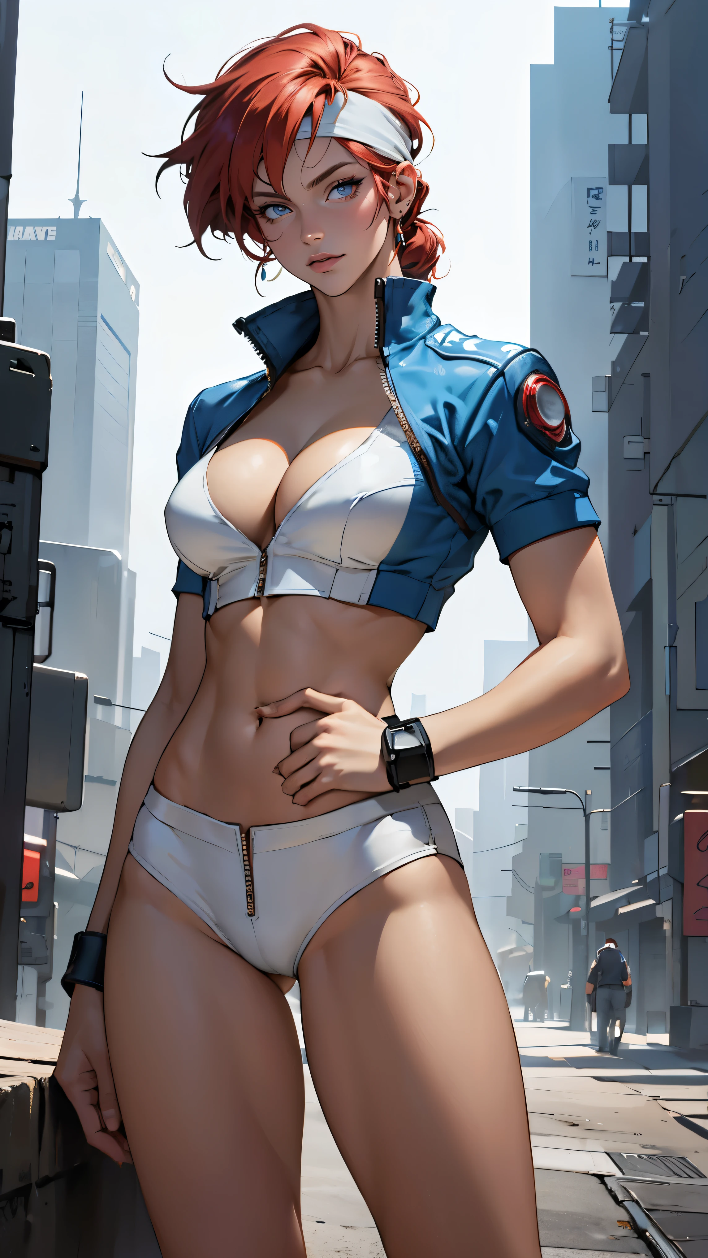 ((Masterpiece, highest quality; 1.3)), super quality, beautiful detail, super detailed, extra fine, 16K, exquisite, absurd, high resolution, beautiful background, detailed background, beautiful eyes, beautiful skin, anime style, Kay from Dirty Pair in a white outfit, tight outfit, cleavage, bushy redhead beauty, very light blue uniform, wearing tight clothes, skimpy, (mid chest: 1.2), cleavage, cleavage, slim waist , thin waist, slim thighs, thin legs, slim legs. thigh gap, showing stomach, skinny, thin hips, cyberpunk city background, holding retro space gun , headband, 