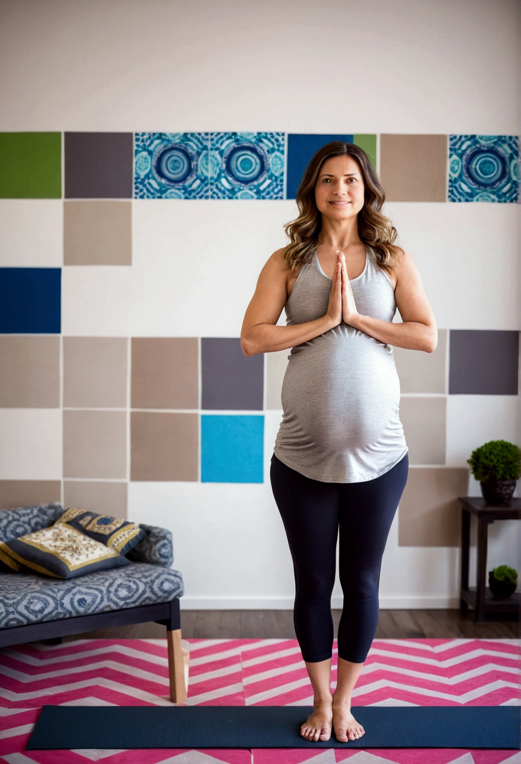 Project Title: Image Series - Steps to Mountain Pose (Tadasana) in Prenatal Yoga

I need a series of 5 images that explain step by step how to perform the mountain pose (Tadasana) in prenatal yoga. Each image must be clear and precise, showing a young adult model at each stage of the process. The model should look like she is taking photos for a prenatal yoga ebook digital product, in a quiet environment at home. The style should be relaxing and professional, with soft colors and a minimalist background.

Step 1: Starting Position

Description: Stand with your feet together or slightly apart, distributing your weight evenly.

Visual Cues: Show a young, pregnant woman standing with her feet together or slightly apart, looking directly at the camera. Calm background at home, minimalist.