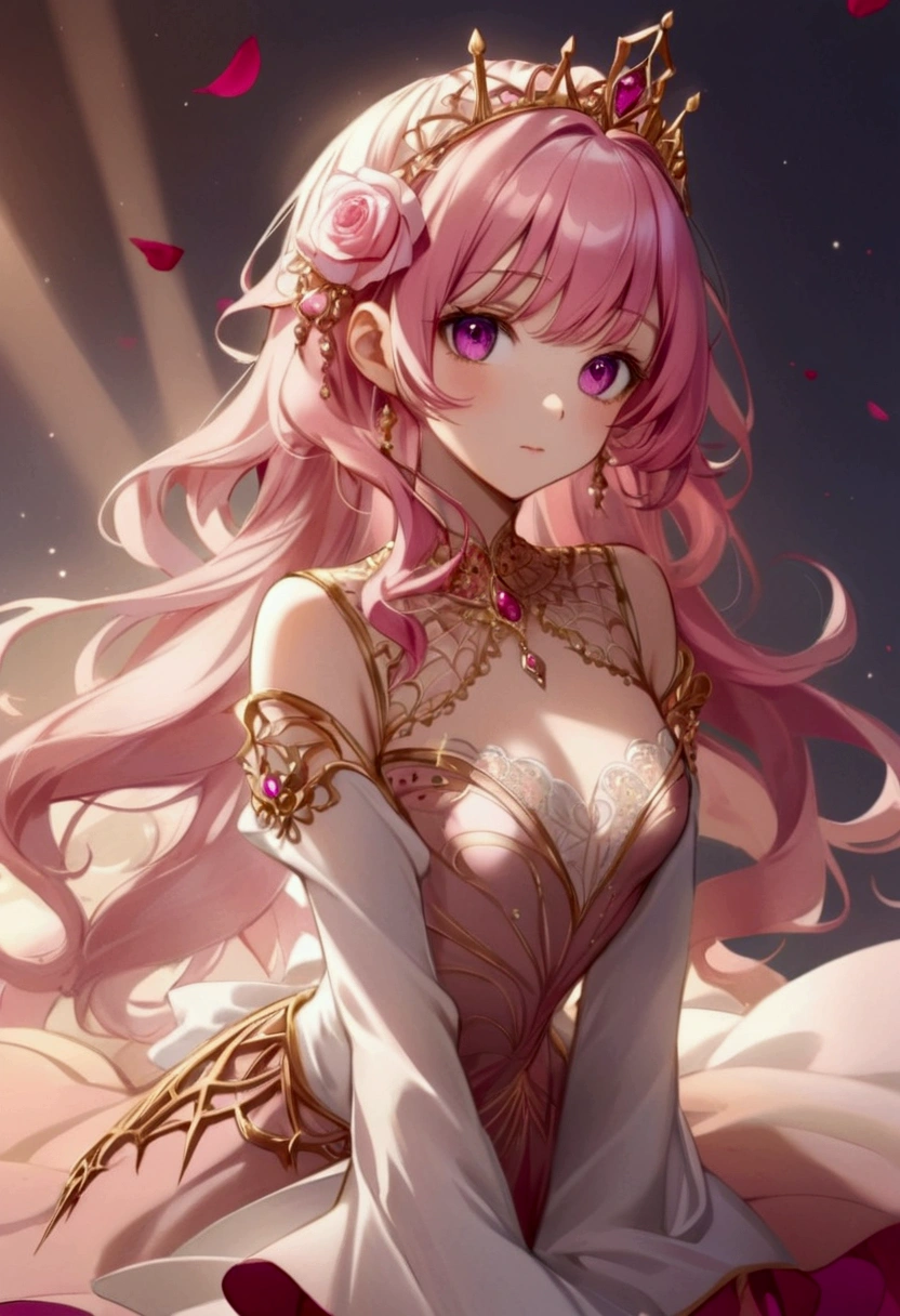 Create an anime-style girl with deep magenta eyes and long, wavy pink hair styled in an elegant updo. She is slender with small breasts. She wears a regal, ethereal dress with elegant and fantasy elements, featuring a gold, pastel pink, and rose gold color scheme. The dress has intricate spider web patterns and motifs.