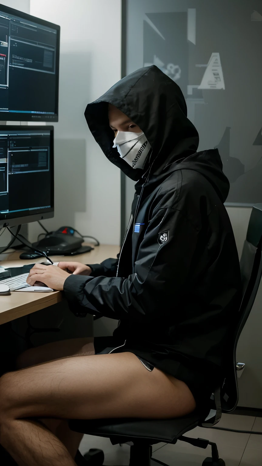 A anonymous hacker wearing vendetta mask sitting on chair using computer and mention hacker name "Zudio001" on the wall desktop 42 inches screen display hacker's name