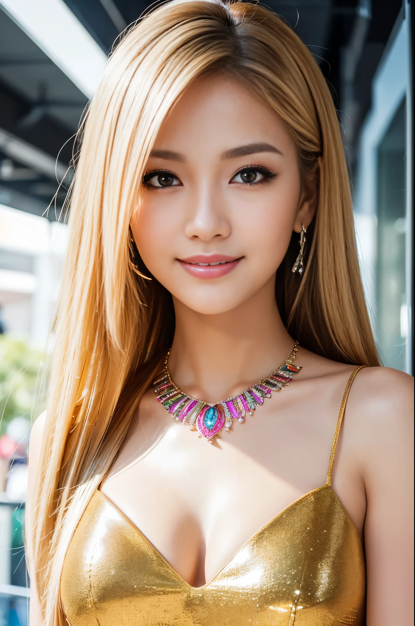 (masterpiece:1.4), (best quality:1.4), ultra high res, ultra high resolution, ((detailed facial features)), HDR, (realistic, photorealistic, photo-realistic:1.37), closeup, sexy seductive Thai woman, (seductive smile), long lashes, beautiful makeup, platinum blonde hair, fair skin, slender figure, elegant posture, wearing large sparkling colorful jewelery, wearing a business style leather dress, standing in a large shopping mall, gentle sunlight shining through the shopping mall windows, casting a soft glow on her face, adding warmth to the scene, vibrant colors, capturing the essence of vibrant city life, portrait style, showcasing her natural beauty and grace in a feminine way