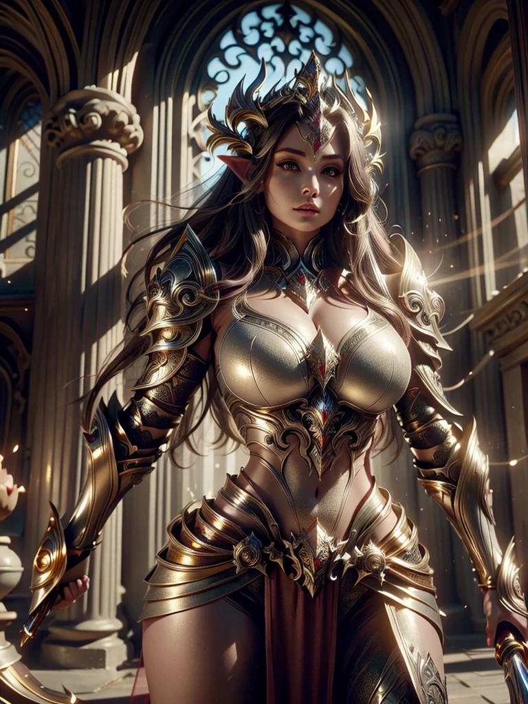 Realistic image cinematic shadows. in the courtyard realm. There are Elven Woman Queen, With Crown, Illuminated Face, Hips, Toned, Round Breasts, Gypsy, ((Thick Armor Plate Gold Edges)) Reflecting Sunlight