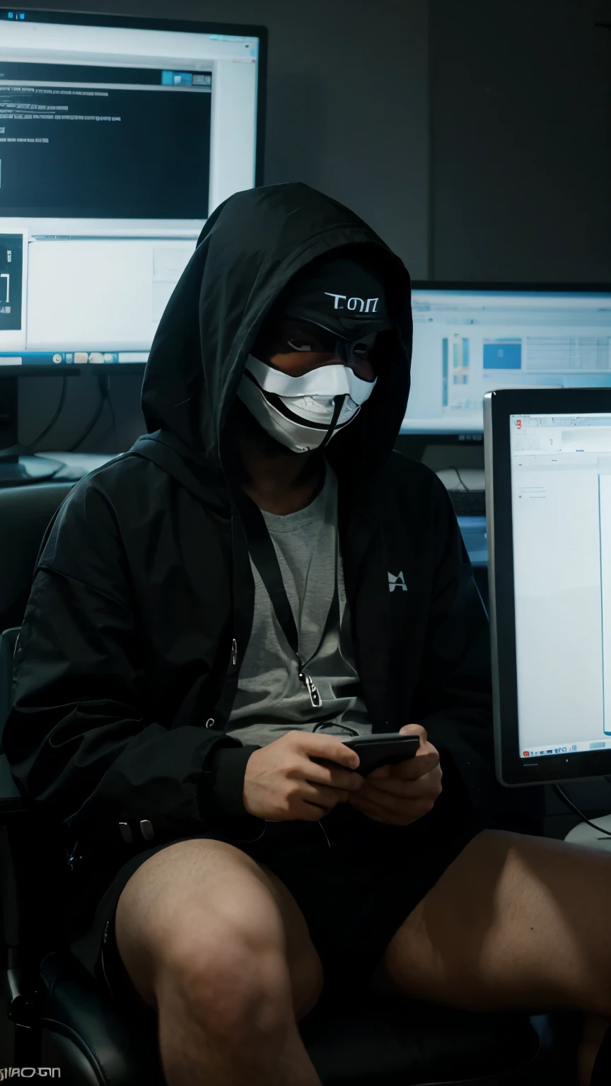 A anonymous hacker wearing vendetta mask sitting on chair using computer and mention hacker name "Zudio001" on the wall desktop 42 inches screen display hacker's name