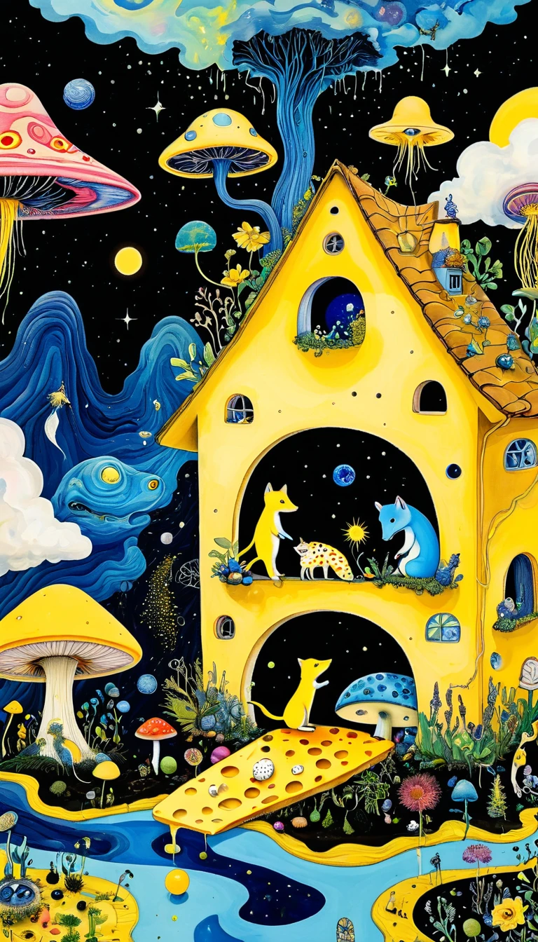 Intense visual fusion of various elements，broto，microorganism、plantar、Cheese house、Eye、wild animal life，Stitching an abstract painting，Describing the inner world of autistic people，Sense of space，blank space，interesting，innocence，psychedelic art，blue and yellow and black,