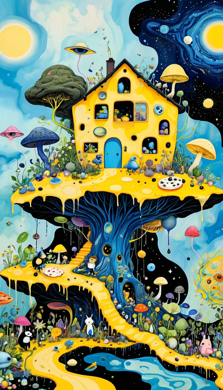 Intense visual fusion of various elements，broto，microorganism、plantar、Cheese house、Eye、wild animal life，Stitching an abstract painting，Describing the inner world of autistic people，Sense of space，blank space，interesting，innocence，psychedelic art，blue and yellow and black,