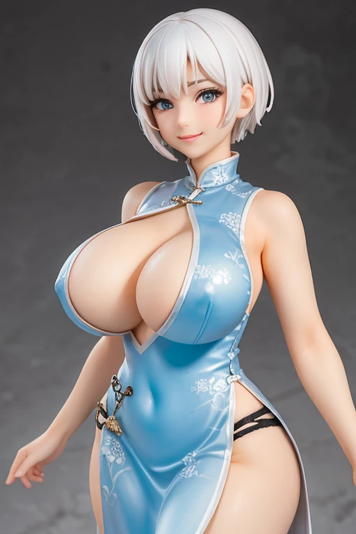 Figure of a woman, white short hair, big breast, sweaty cleavage, smile, china dress