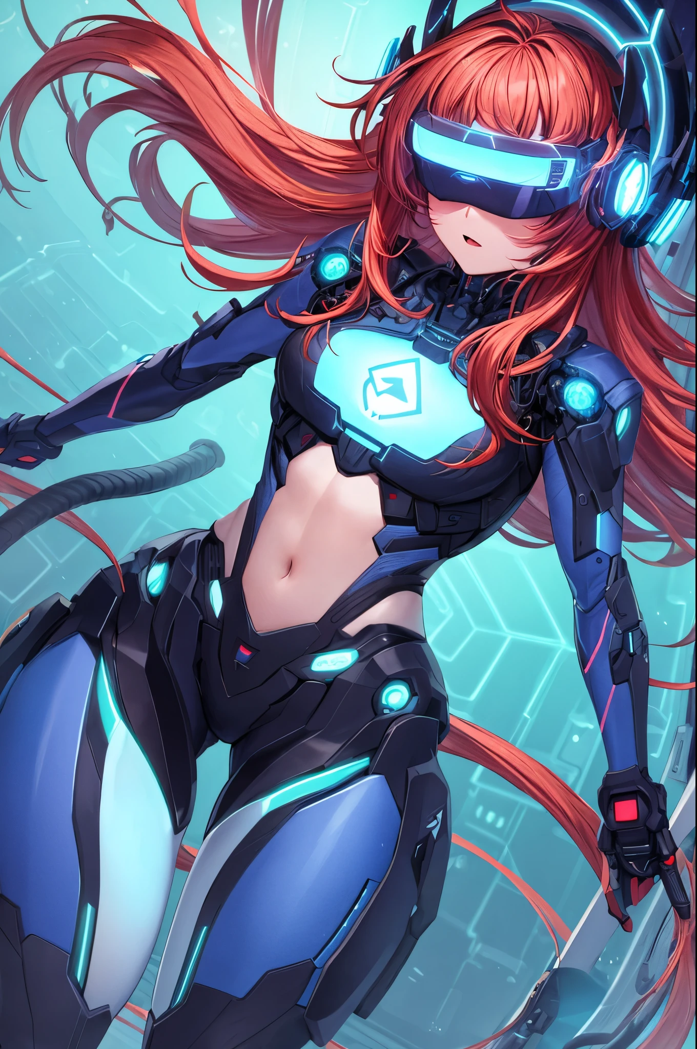 best quality, head-mounted display,
(1 girl, solo), exposed waist, exposed thighs, surrounded by azure neon, floating red hair, NodesTech mascara, NodesTech headdress, long hair, ethereal red hair, red hair, crop top cyborg armor,
BREAK sci-fi background, detailed background, azure neon background, data space