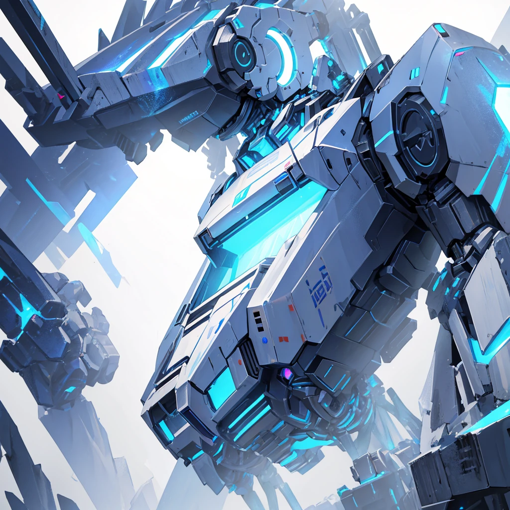 A mecha made of steel,A huge mecha flashing blue light,((Pure white background))