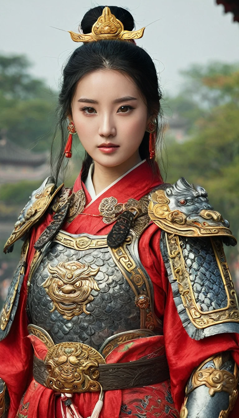 Front view, ancient Chinese girl, 2 century, looking at viewer, beautiful Chinese Young General, girl is 26 years old, (Highly detailed face, Black hair, middle hair ,Brown eye, Variegated eyes, Ordinary eyes, Tapered eyebrows, Fuller lips, little Lips, Silas), (ears decoration earring), (middle breasts, middle hip), (ancient Chinese costume, Red decoration leather armor emboss armor of dragon , leather inner clothes, put shoulder Red Cloak ), (a ancient Chinese sword is holding right hand, beautiful sword, metallic bright sword), standing in Chinese Palace, near Garden, sunset ,(masterpiece, Highest quality, masterpiece, God-like quality, Godly art, , Very realistic)