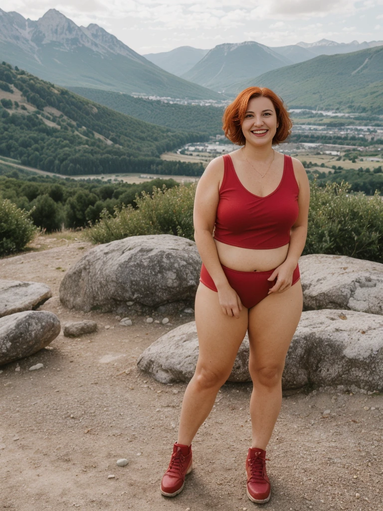 Xyrele, 1girl, solo, 30 years old, (((French face))), (((French nose))), (((French lips))), ((((chubby)))), (((wide hips))), (((red hair))), crinkly short hair, wearing stylish designed modern trend wear, ((Background: Taking photos with the mountain scenery)), ((upper body and upper legs)), smiling