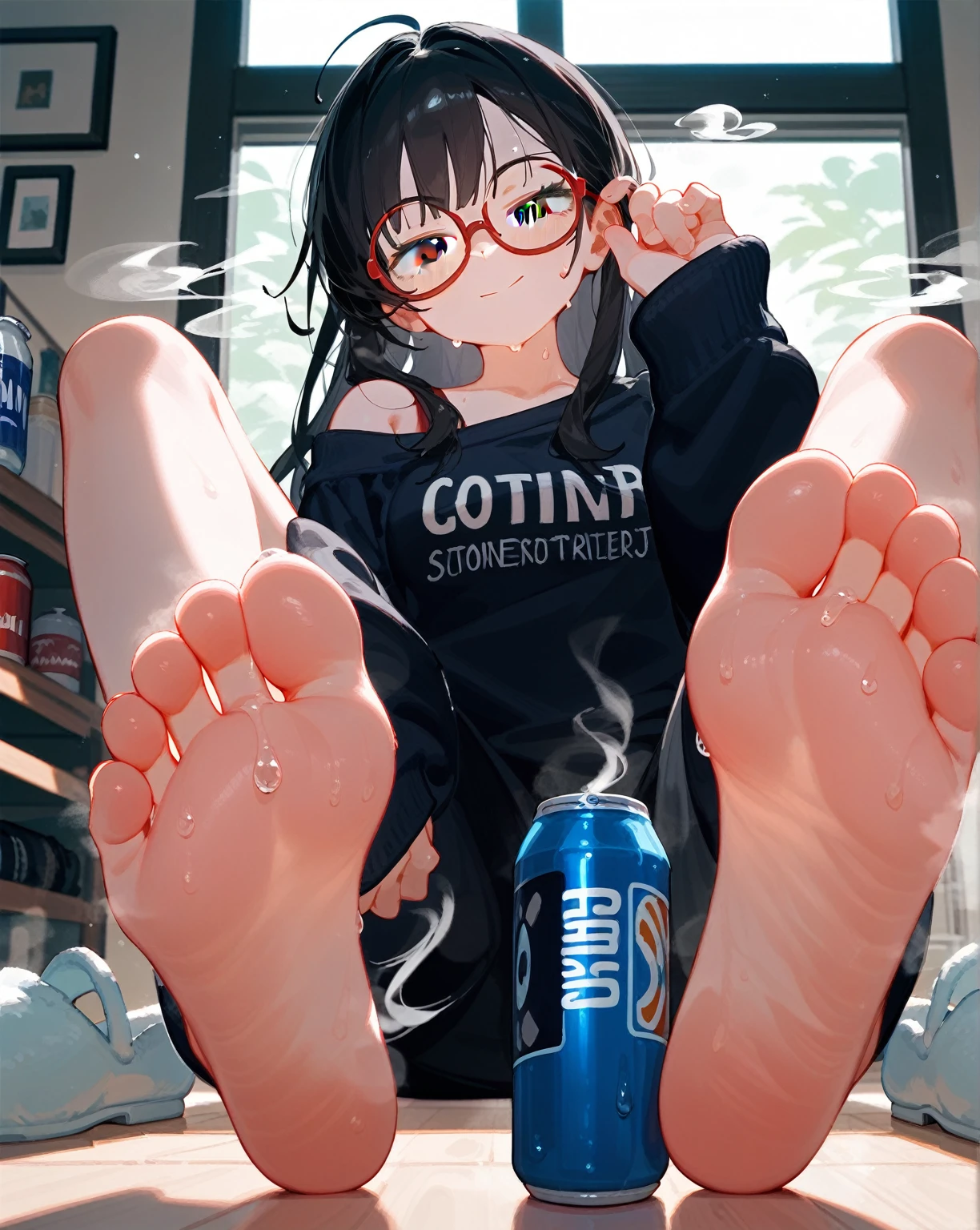 wallpaper,Off-shoulder casual wear,The background is in the room, Straight Hair,Long hair,best quality, Very detailed, masterpiece, Extremely detailed, illustration, Sky,Foot Focus, barefoot,Stinky feet,Steam around feet,脚底Sweating很多,There are a lot of water drops on the soles of feet,Water dripping from the soles of feet,Sweating all over,Sweating,black eyes,Sweatshirt,Black Hair,Red round-rimmed glasses,Two feet,Each foot can only have five toes,Good feet,Nice looking feet,delicate foot,There is a pair of slippers on the ground on the right side of the screen,Steam around shoes,Height 2 meters,个子Very high,Very high,Around 30 years old,Mature,giggle,