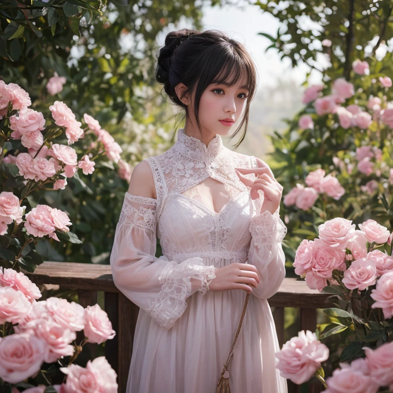 best quality, masterpiece, lifelike, 1 girl, solitary, eternity, black hair, Hair tied in a ponytail, Bangs, Wear dresses, flower, Detailed Background,  Delicate face，pink blush，cold，lots of lace，((​masterpiece))、(top quality)、8k、high detail、Super detailed、 21 years old female，​masterpiece、born、Fair、magic、realism、Visual effects、FXAA、SSAO、Shader、voiceless、ambient lighting、Tone mapping、High resolution、Ultra high quality、Million pixels、(8k resolution:1.10)、8k resolution、high detail、intricate details、 (high quality:1.2、​masterpiece:1.2、:1.21)、(21 years old female），Travel Photos