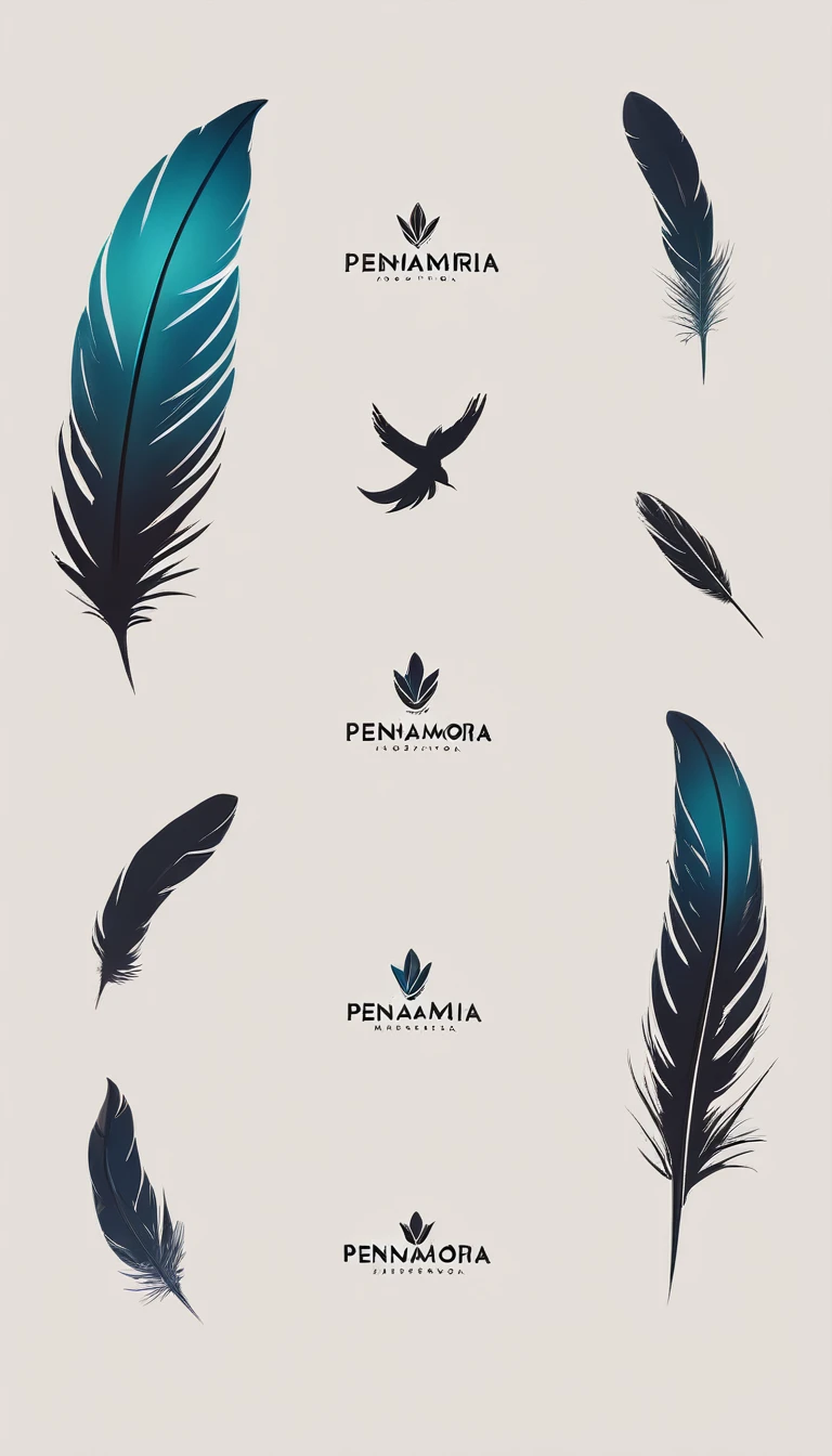 A minimal, modern, simple, cinematic logo design for the brand “Penamemoria". Create a modern, minimalistic, high-quality, logo of a feather-bird
