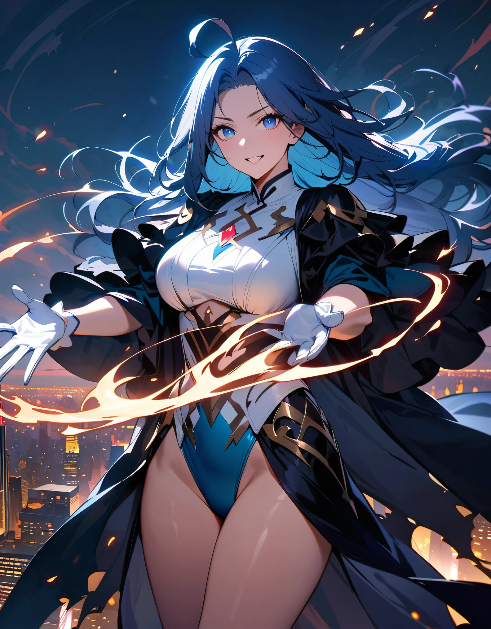 (masterpiece), (best quality), (high res), (solo, solo focus), 1lady, mature lady, magic, sorcerer, white and blue leotard, bare legs, blue hair, long hair, ahoge, blue eyes, beautiful detailed eyes, beautiful detailed face, perfect hands, complete fingers, perfect anatomy, perfect proportions, raised arms, casting a spell, matching white gloves, white vest, black ankle boots, high heels, new york backdrop, midnight, sky, outdoors, floating, evil grin, (her body surrounded by winds, black aura), cowboy shot, full-body costume design.