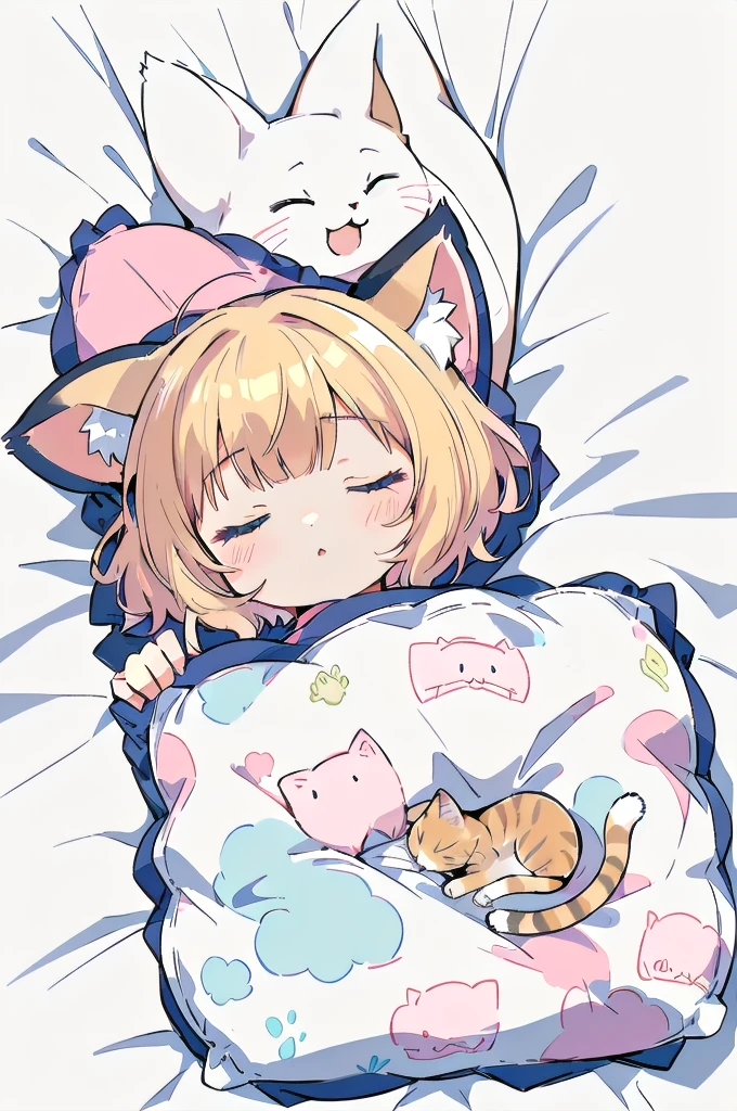 A cartoon of a cat sleeping on a pillow and another cat sleeping on it, there is nothingmimi, Cat girl, Beasts, There is a cat next to her, Cat girl, cute anime Cat girl, Ah ah, there is nothing, anime Cat girl, anime、Pink nightcap、Sleeping on a futon、Blonde Hair、Short Hair