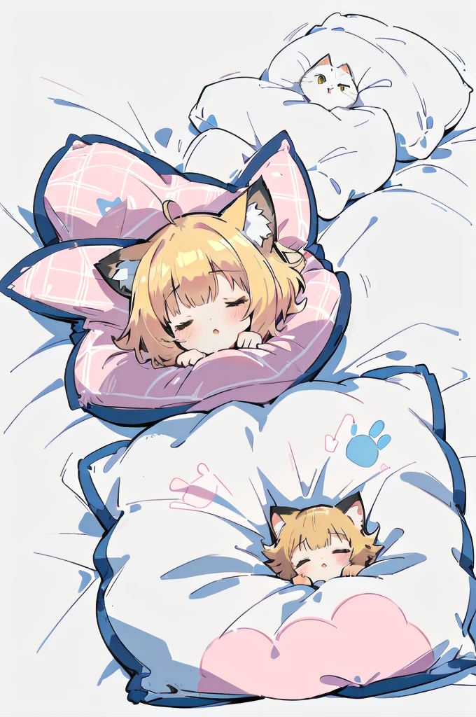 A cartoon of a cat sleeping on a pillow and another cat sleeping on it, there is nothingmimi, Cat girl, Beasts, There is a cat next to her, Cat girl, cute anime Cat girl, Ah ah, there is nothing, anime Cat girl, anime、Pink nightcap、Sleeping on a futon、Blonde Hair、Short Hair