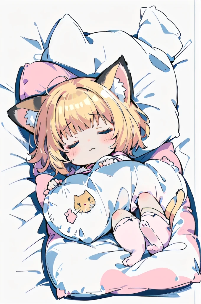 A cartoon of a cat sleeping on a pillow and another cat sleeping on it, there is nothingmimi, Cat girl, Beasts, There is a cat next to her, Cat girl, cute anime Cat girl, Ah ah, there is nothing, anime Cat girl, anime、Pink nightcap、Sleeping on a futon、Blonde Hair、Short Hair