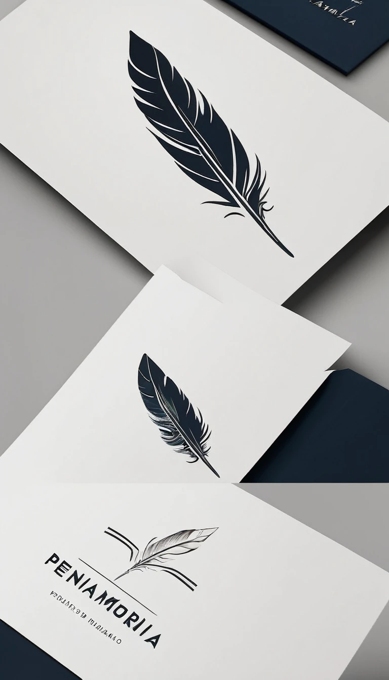 A minimal, modern, simple, cinematic logo design for the brand “Penamemoria". Create a modern, minimalistic, high-quality, logo of a feather that convey a sense of memories and dreams.