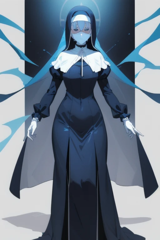 Mature women, nun, blue nun outfit, puffy sleeves, blue cape ,blue long skirt, white gloves, long deep black veil, vail cover her face,(look at viewer) ,no face detail, vail covered face, (perfect skin),(no emotion ), anime, standing, sexy pose