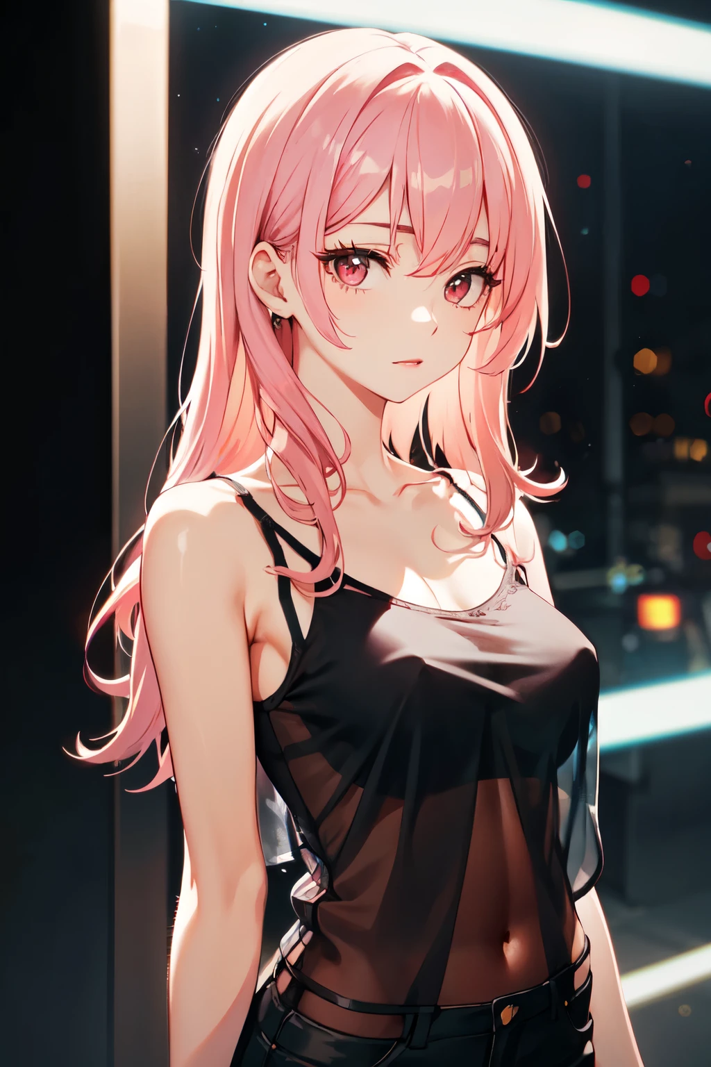 Optimal，masterpiece，High resolution，Highest quality，Hyper HD，Very detailed，Award-winning，16K，alone，（Upper Body），Correct Anatomy，Beautiful Cyberpunk Girl，Cowboy Shot、Cute Face，，Pink Hair、Long Hair、, Hairline，（（Scarlet Eyes）），Long eyelashes，Drooping eye corners，White skin，Shoot from the side, ((See-through camisole:1.5)), rocket , （Because I&#39;thin），
