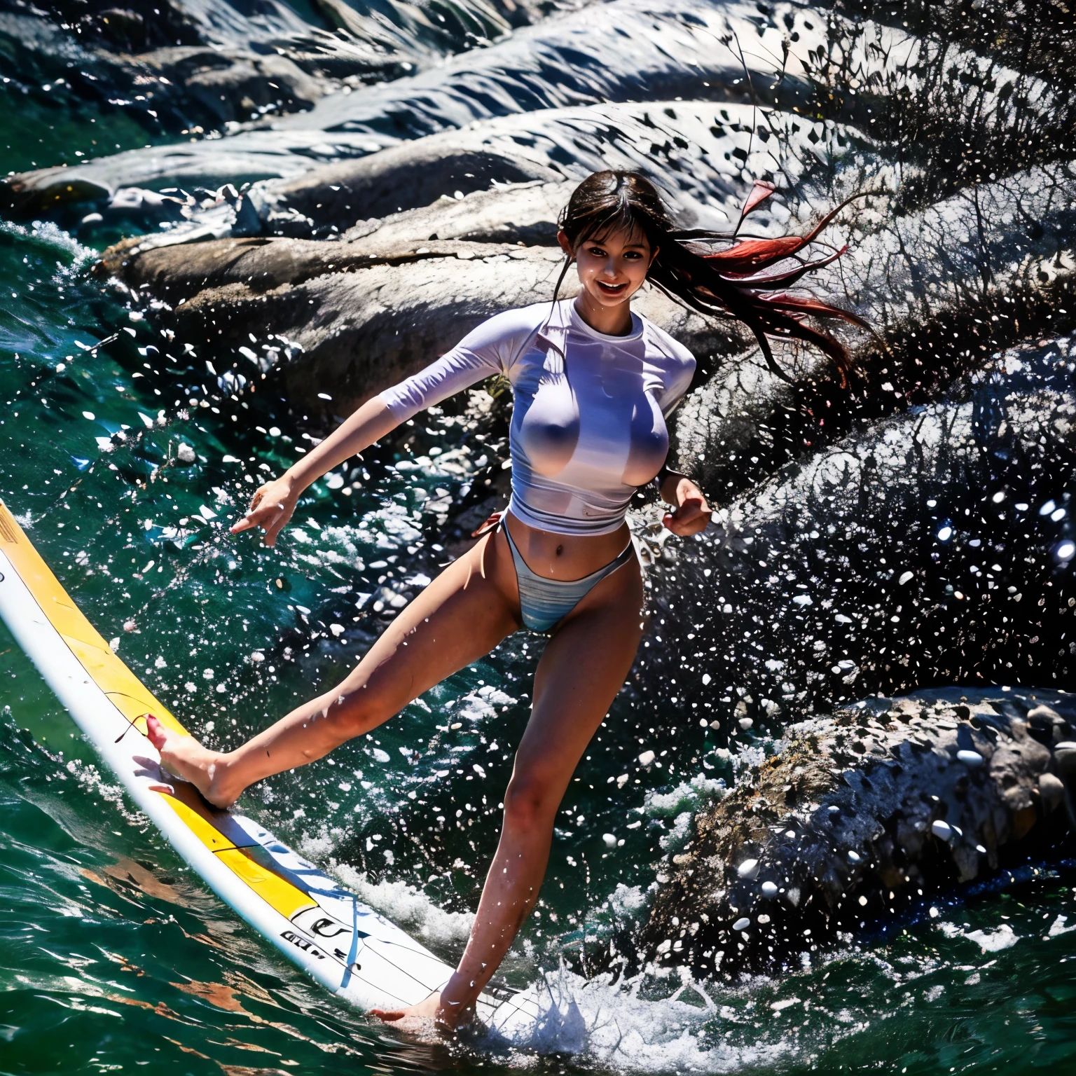(ZoomedOut:1.28, Wide-shot) ZoomLayer (Epic photo of surfer magazine:1.37). (Full of Water, Everything Wetted:1.4) WetHair (extremely detailed Cute Girl in RED)(SparklingHighlights:1.28), Dynamic Joyful Expressions LifeLike Rendering (ManoErina:1.0) . Overflowing Gigantic Sideboob (Clearly Visible Beautiful Breast to Buttocks Line) Tiny and Roundly Butt, Detailed wet clothing texture, (Sloppy Surfboard:-1.2) Riding on waves, Sparkling water, TyndallEffect(Starry Water Particles:1.32), Whole Body proportions and all limbs are anatomically accurate