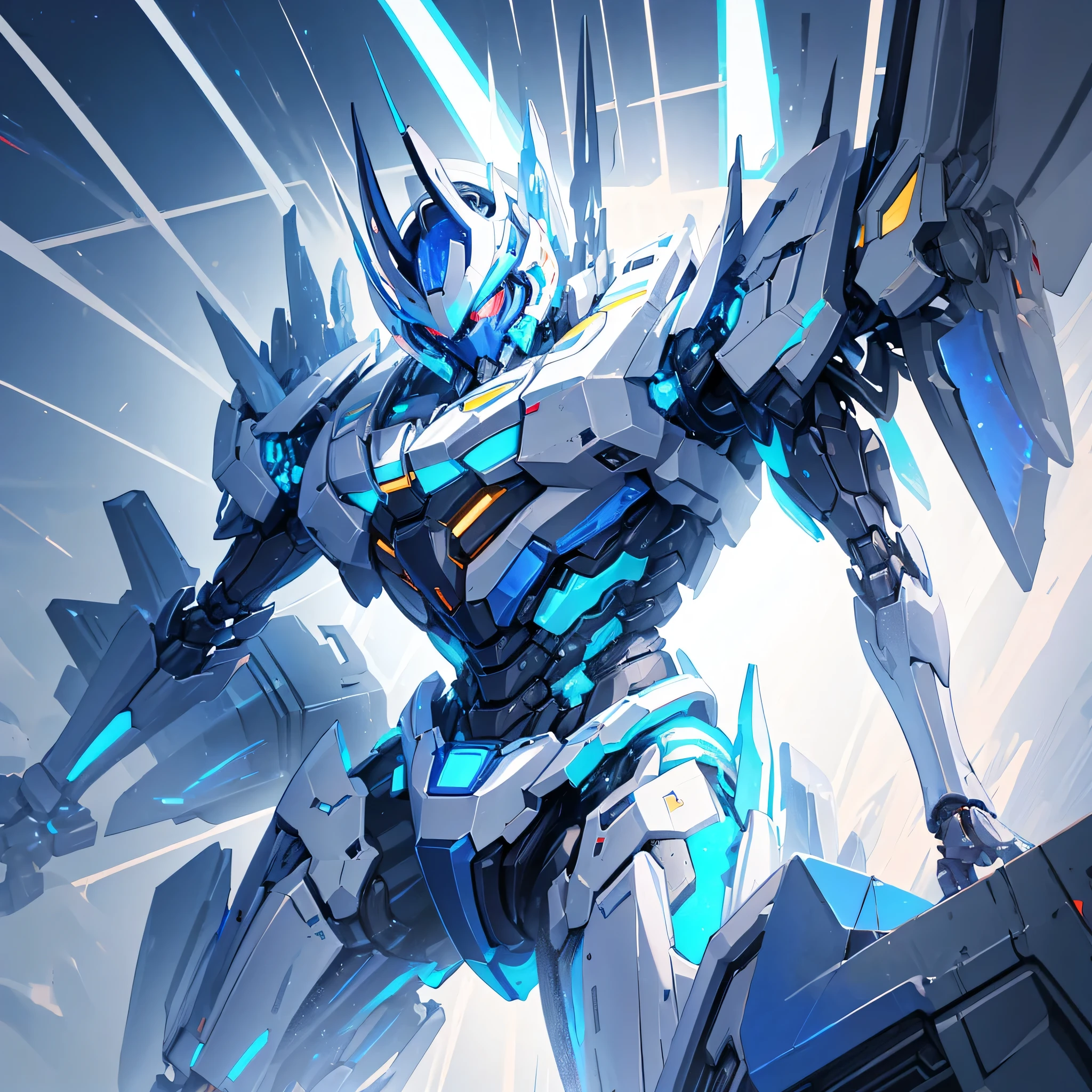A mecha made of steel，A huge mecha flashing blue light，((Pure white background))
