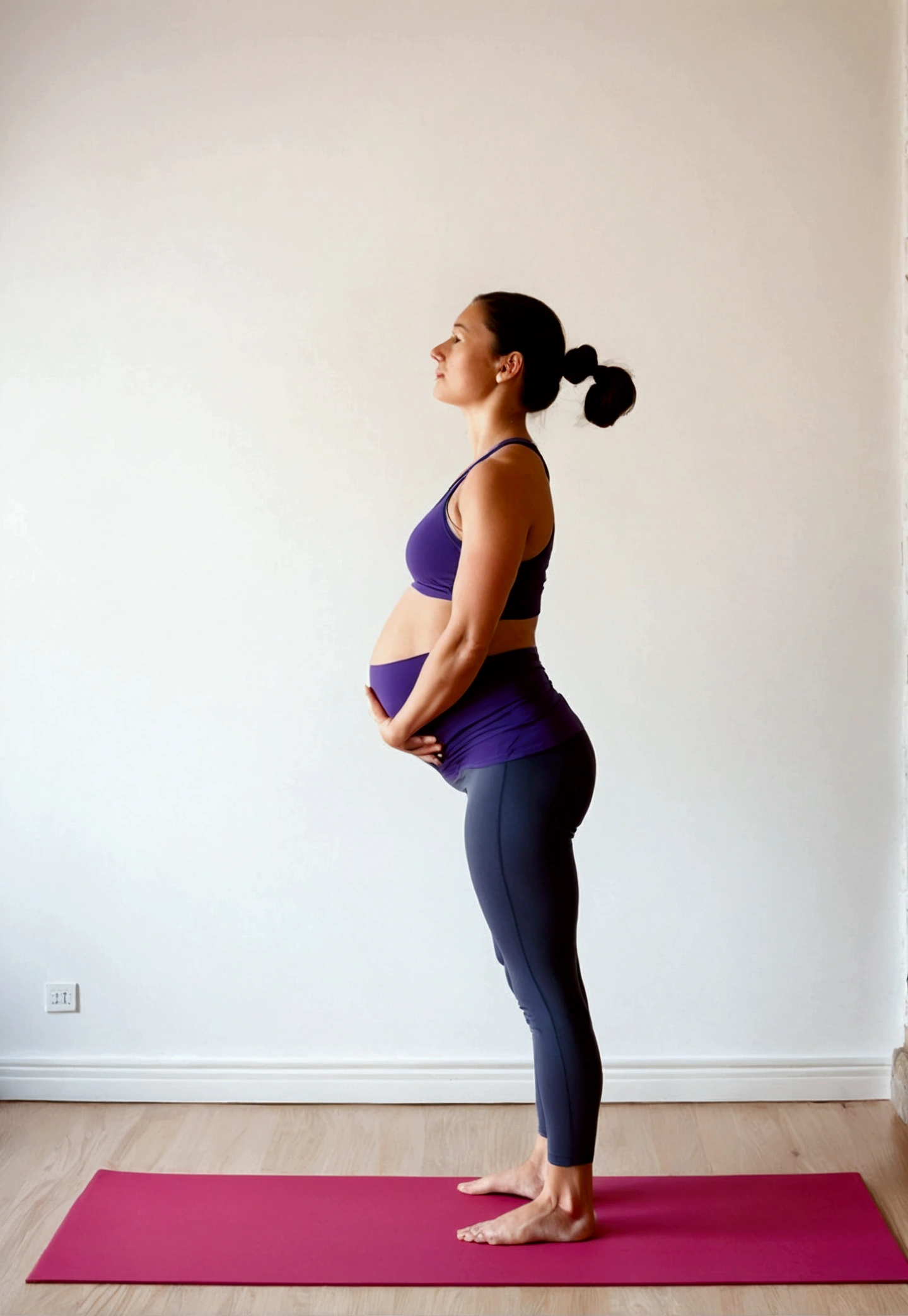 Image Series - Steps for Mountain Pose (Tadasana) in Prenatal Yoga: I need a series of 5 images that explain step by step how to perform Mountain Pose (Tadasana) in prenatal yoga. Each image must be clear and precise, showing a girl at each stage of the process. The model must follow the steps of the posture, concentrating on the postures for the explanation of each step of the prenatal yoga digital ebook, in a quiet environment at home. The style should be relaxing and professional, with soft colors and a minimalist background. The yogi should be standing, clearly showing the activation of the leg muscles. She should raise her kneecaps without locking her knees, with her legs active but without excessive tension. The yogi must have a concentrated and serene expression, focused on the posture she is performing.
