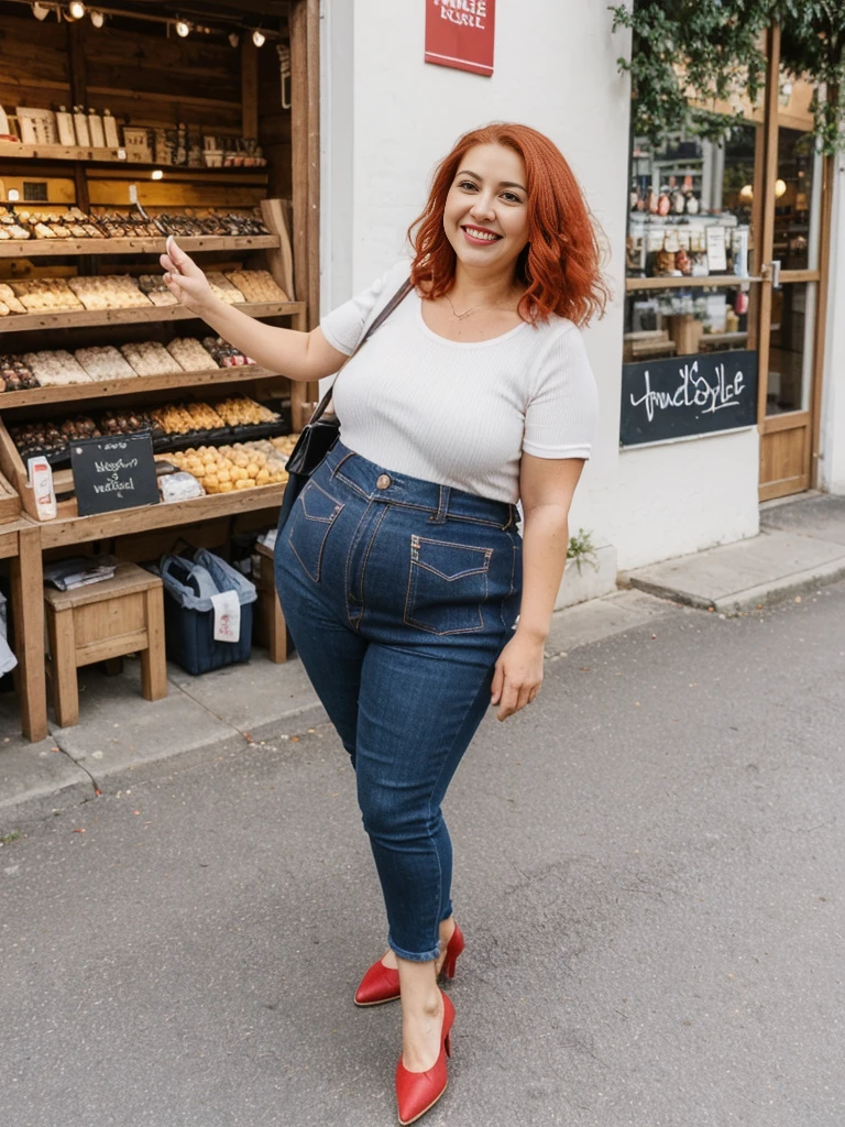 Xyrele, 1girl, solo, 30 years old, (((French face))), (((French nose))), (((French lips))), ((((chubby)))), (((wide hips))), (((red hair))), crinkly short hair, wearing casual designed modern trend wear, ((Background: Shopping at the outdoor market)), ((upper body and upper legs)), smiling