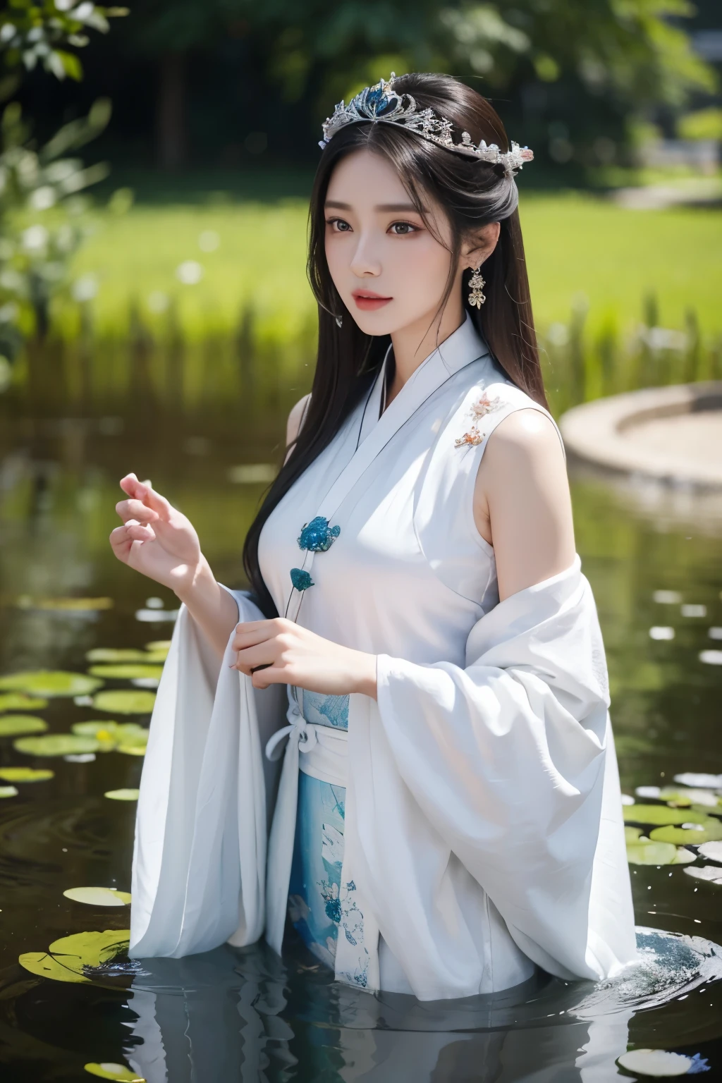 masterpiece, super detailed face, realistic eyes, arafed image of a woman in a white dress standing in a pond of water, a beautiful fantasy empress, beautiful digital artwork, palace, a girl in hanfu, a beautiful fantasy empress, 8k stunning artwork, 4k highly detailed digital art, beautiful render of tang dynasty, 3d render character art 8k, 3d goddess portrait