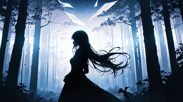 (Silhouette Art,crop:1.6)
(((Paper cutting art,A world where only black exists:1.3)
(Cowboy Shot),1 girl,alone,
(Girl in a dress,profile:1.2),white, Clear and beautiful face,Countless meteors behind、
Long Hair, Gothic Dress, white髪,Long sleeve, Black and blue dress, From behind,in the forest