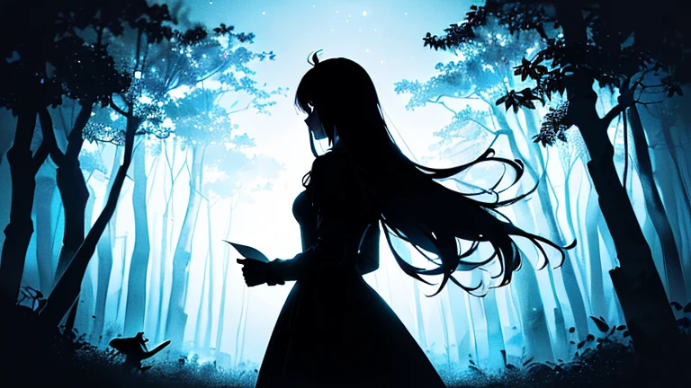 (Silhouette Art,crop:1.6)
(((Paper cutting art,A world where only black exists:1.3)

(Cowboy Shot),1 girl,alone,
(Girl in a dress,profile:1.2),white, Clear and beautiful face,Countless meteors behind、

Long Hair, Gothic Dress, white髪,Long sleeve, Black and blue dress, From behind,in the forest