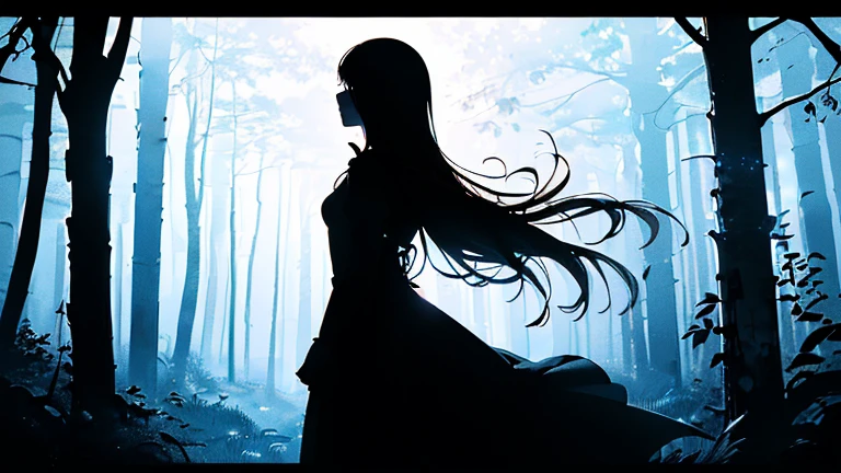 (Silhouette Art,crop:1.6)
(((Paper cutting art,A world where only black exists:1.3)
(Cowboy Shot),1 girl,alone,
(Girl in a dress,profile:1.2),white, Clear and beautiful face,Countless meteors behind、
Long Hair, Gothic Dress, white髪,Long sleeve, Black and blue dress, From behind,in the forest