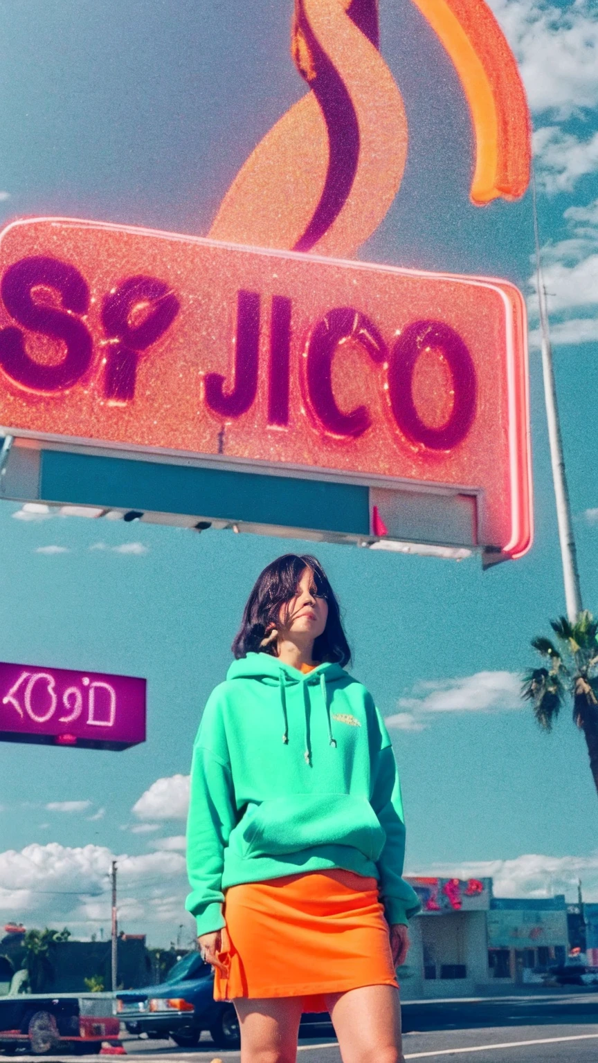 (medium cinematic shot portrait), of cute 23 yo girl (perfect plump body) ,wear ((orange color oversized_hoodie)), wear ((purple tennis skirt)),looking front,Best Quality,Masterpiece,Ultra High Resolution,(Realisticity:1.4),Original Photo, 1Girl, light leak,ultra high resolution,UHD,beautiful, (black bob hair), almond eye, no makeup, in front of ((80's colorful gas station)), (realistic:1.2), (surreal:1.3), (very detailed:1.1), ((masterpiece)),summer, blue sky, palm trees,sunny, los angles vibes,film camera, 800mm lens,style of Philip Lorca diCorcia