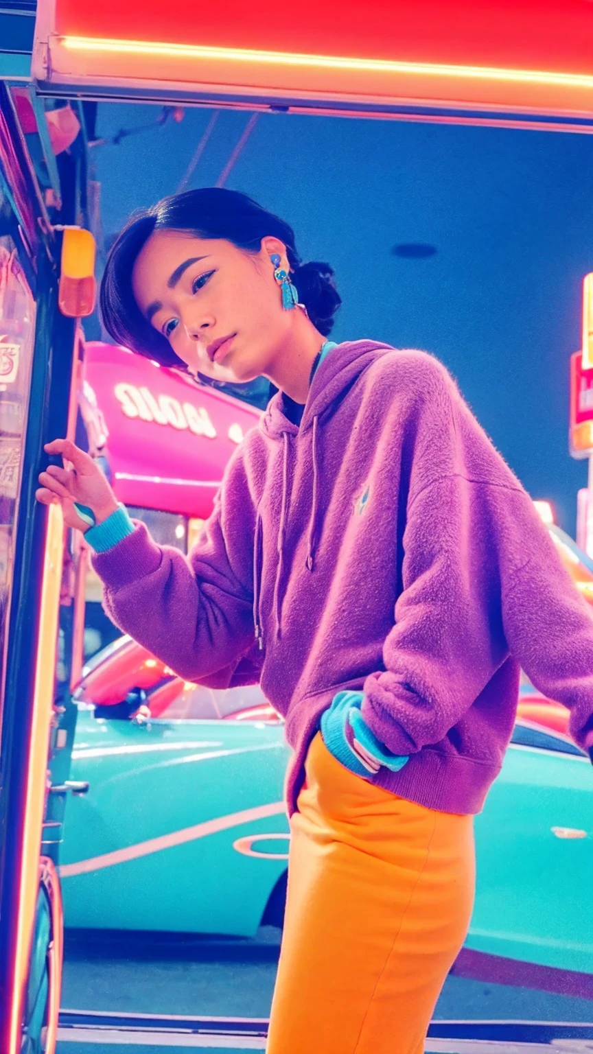 (medium cinematic shot portrait), of cute 23 yo girl (perfect plump body) ,wear ((orange color oversized_hoodie)), wear ((purple tennis skirt)),looking front,Best Quality,Masterpiece,Ultra High Resolution,(Realisticity:1.4),Original Photo, 1Girl, light leak,ultra high resolution,UHD,beautiful, (black bob hair), almond eye, no makeup, in front of ((80's colorful gas station)), (realistic:1.2), (surreal:1.3), (very detailed:1.1), ((masterpiece)),summer, blue sky, palm trees,sunny, los angles vibes,film camera, 800mm lens,style of Philip Lorca diCorcia