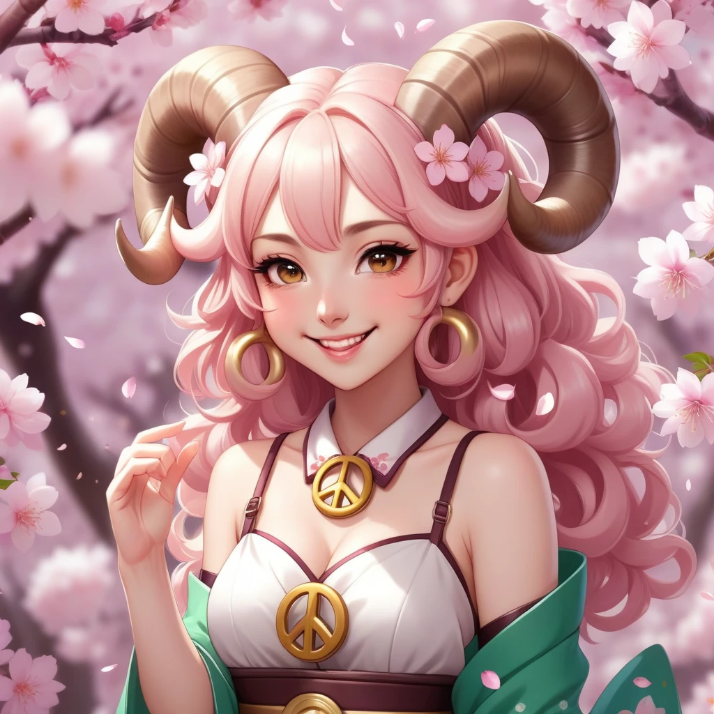 Cheerful anime Aries girl with curled ram horns, winking and flashing a peace sign, surrounded by floating sakura petals